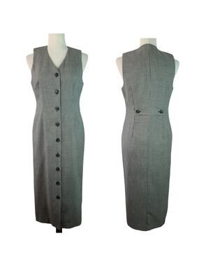 Talbots Brown Black Houndstooth Vintage USA Wool Lined Button Front Dress 4 P